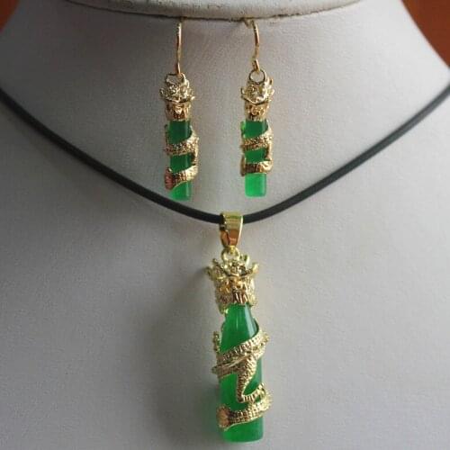 Chinese style 18kgp dragon and green natural jade +18kgp pendant & earring sets