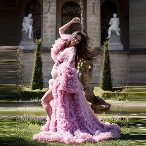 Classic Hot Pink Tulle Pregnancy Dresses Long Sleeves With Bow Long Train Ruffles Plus Size Maternity Robes Phot Shoot