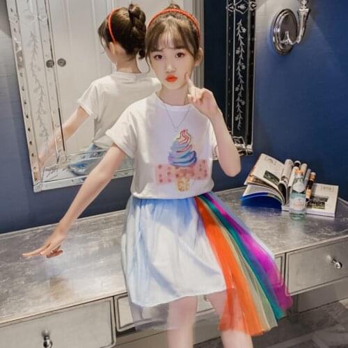 Fashion Summer Kids 2PCS Girl Clothes Sets Teenage 6 8 10 12 Years Casual School Clothes Sets Tops T-shirt+Rainbow Skirt Outfits