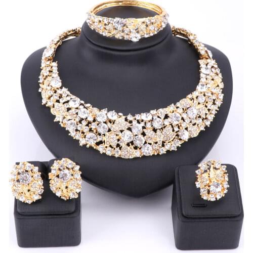 Women Party Bridal Fine Clear Rhinestone African Beads Jewelry Sets For Wedding Party Dinner Dress Necklace Earring Jewelry Sets