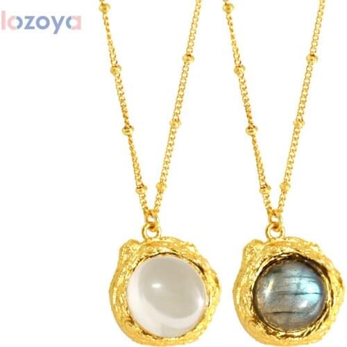 LOZOYA New 925 Sterling Silver Gold Big Necklace 2021 Rock Labradorite Pendant Round Clear Pendant Long Chain Punk Party Jewels