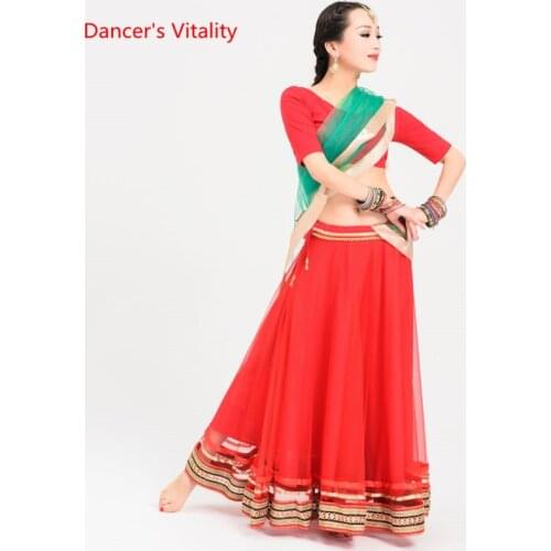 Fashion Female India Dance Stage Practice Clothing Women Belly Dance Performance Costumes Top+Big Swing skirt+Veil 3pcs Set