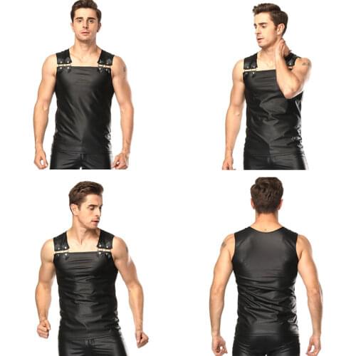 Mens 2021 Sexy Fashion Artificial Leather PU Pure Black Mens Sleeveless Camisole Slim Sleeveless Tights Nightclub Stage Show