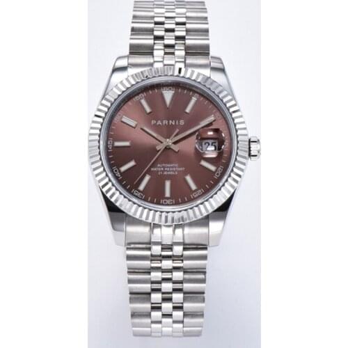 Parnis 2021 NEW 39.5mm Brown Dial Automatic Mens Watches Calendar 21 Jewels Mechanical Men Watch Reloj Hombre Marca De Lujo