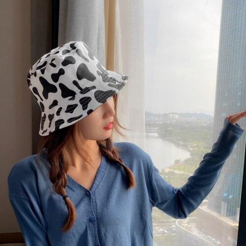 Japan South Korea Double-Sided Bucket hat Cute Girl Fashion Cow Fisherman Hat Spring Summer Outing Sun Hat Wife Gift