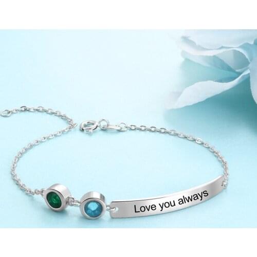 Personalized Engraved Name Bracelet with 2 Birthstone Custom Initial Bracelets & Bangles for Women BBF Gifts