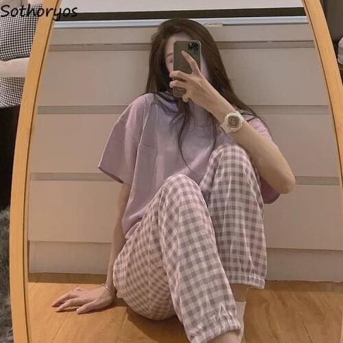 Pajama Sets Women Plaid Full Pants Tie Feet Design O-neck Short Sleeve Sleep Tops Sweet Soft Sleepwear Korean Fashion Mujer Chic
