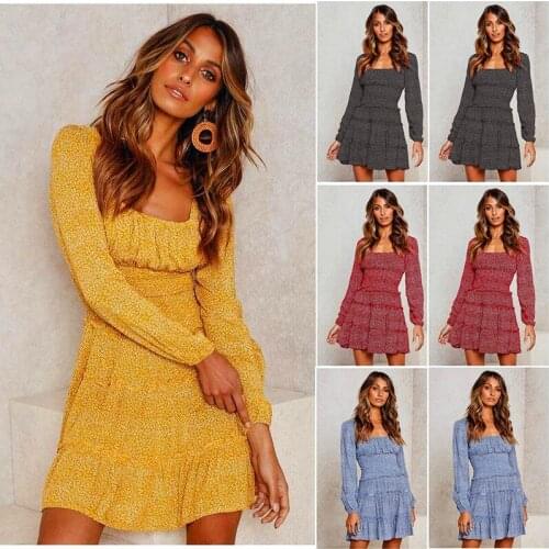 Autumn Winter New Dress Women Party Sexy Clothes Bandage Elegant Long Sleeve A-Line Ruffles Mini Empire Square Collar Robe Fille