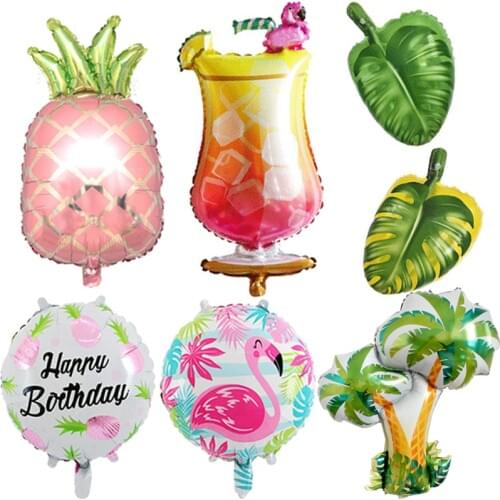 Flamingo Hawaiian Birthday Party Palm tree Foil Balloon Balloons Baby Shower Wedding Tropical Pineapple Leaves Summer Round