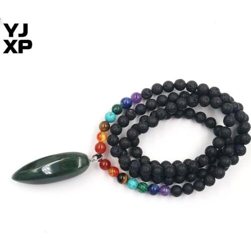 YJXP Hand-knitted 8mm Natural Lava Stone Round Bead Necklace Irregularity Water Drop Pendant Long Necklaces for Men Women 1pcs