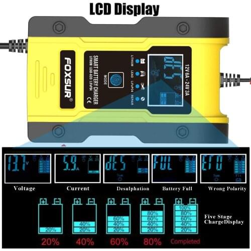 FOXSUR 12V 24V 6A Car Battery Charger 7-Stage Automatic Charging For Calcium Gel AGM Wet Lead Acid Motorcycle Battery Charger