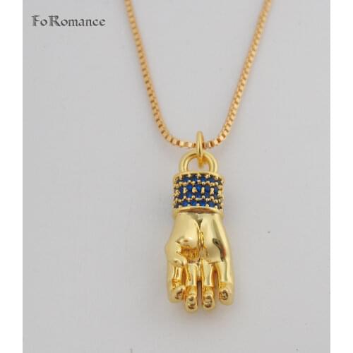 YELLOW GOLD GP 18" BOX LINK CHAIN NECKLACE & HAND GESTURE SIGN STRONG MESSAGE BLUE ZIRCON STONES PENDANT WIDTH 8MM 0.31"