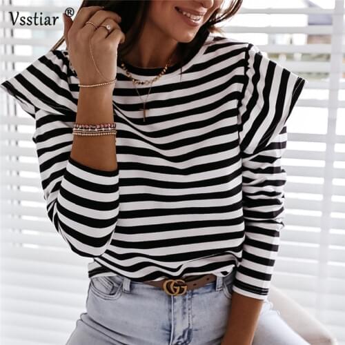 2021 Striped Women T-Shirt Long Butterfly Sleeve O Neck Ladies Tops New Fashion Ruffles Plus Size Casual Shirts