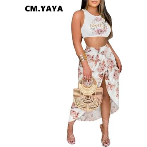 CM.YAYA Women Set Print Sleeveless Crop Tanks Tops Splited Midi Long Skirts Two 2 Piece Sets Fashion Streetwear Summer Outfits