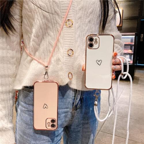 Electroplated Love Heart Phone Case For iPhone 11 12 Pro Max XR XS Max X 7 8 Plus 12 Mini 11 Crossbody Lanyard Bumper Back Cover