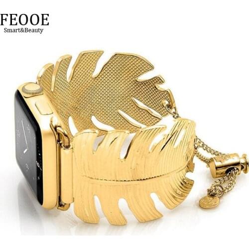 FEOOE Suitable for AppleWatch Apple Watchband New Leaf Embossed Bracelet Custom Stainless Steel WatchBand Golden Watch Strap LXY