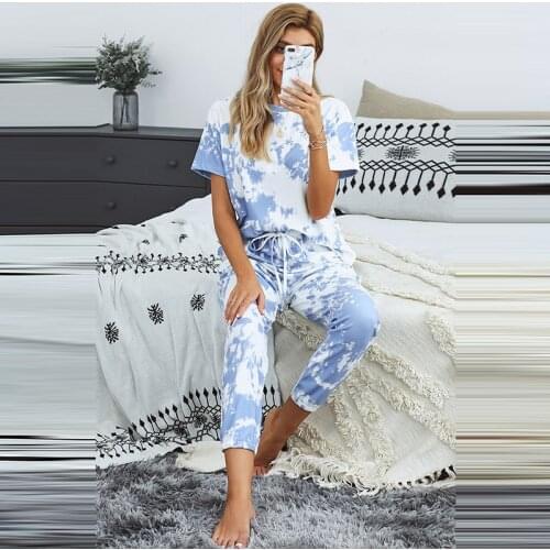 Tie dye European and American Short Sleeve pajamas 2020 new loose and gradual color printing comfortable womens home wear