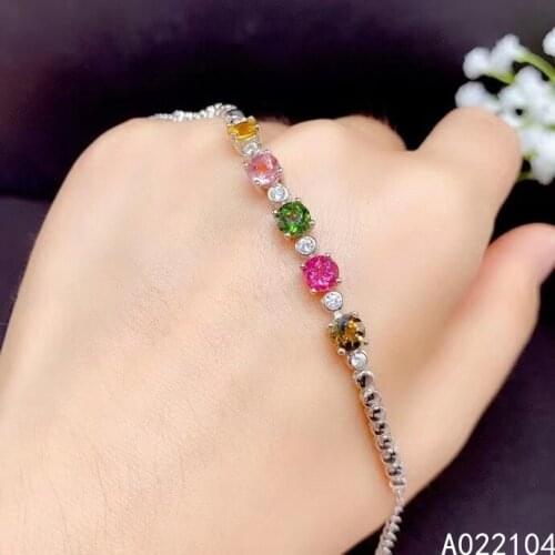 KJJEAXCMY Fine Jewelry 925 Sterling Silver Inlaid Natural Tourmaline Women Classic Lovely Round Gem Hand Bracelet Support Detect