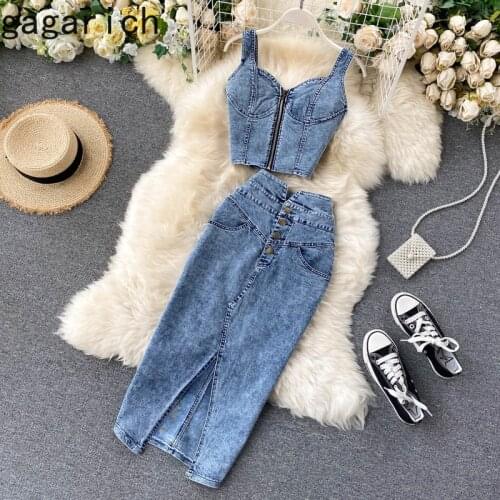 Gagarich Women 2 Piece Set Korean Style Ins 2020 New Lady Sexy Short Camisole High Waist Denim Skirt Fashion