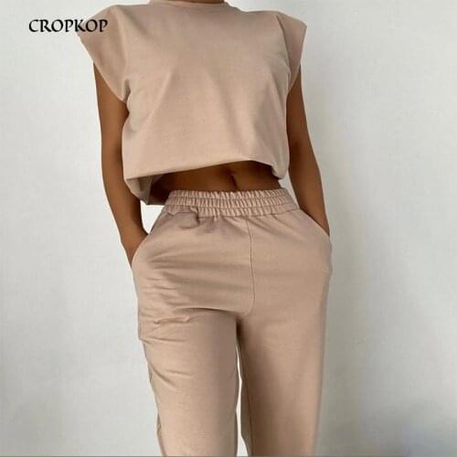 Summer Women Two Piece Tracksuit Casual Sleeveless Pink Crop Top High Waist Sports Pants Elegant Pantsuit Fashion Outfits 2021