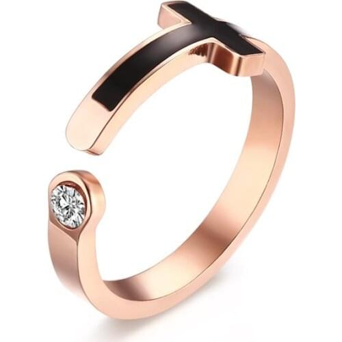 Fashion Creative Cross Stainless Steel Ring Rose Gold Open Adjustable Crystal Ring For Woman Girl For Men