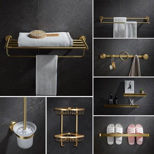 Bathroom Accessories Set Solid Brass Btushed Gold Towel Rack Shelf Wall Toilet Roll Paper Holder Robe Hook Toilet Brush Holder