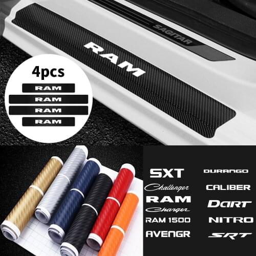 4PCS Car Door Sill Carbon Fiber Stickers Threshold Guard Decals For Dodge SXT Challenger RAM 1500 Charger Avengr Durango Caliber