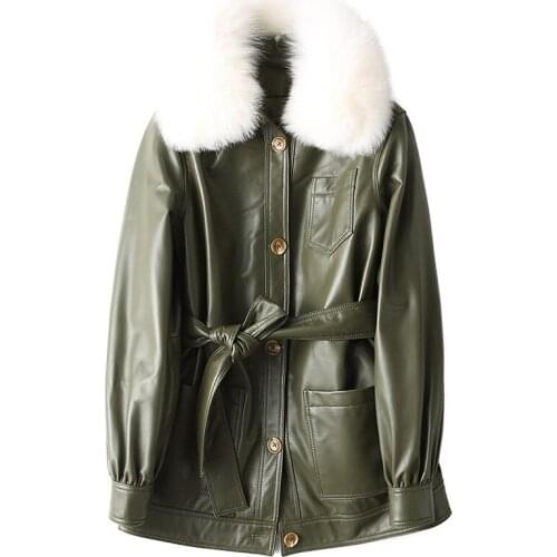 Autumn Winter Genuine Leather Jacket Women Sheepskin Coat Real Fox Fur Collar Warm Parka Plus Size Womens Jackets