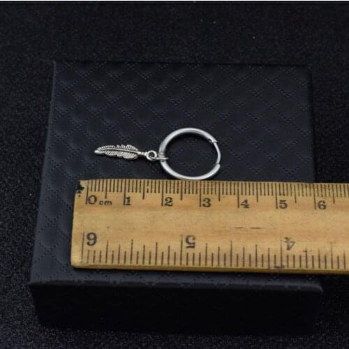Hip Hop Kpop Boy Leaf Titanium Feather Pendant Hoop Drop Earrings Korean Jewelry