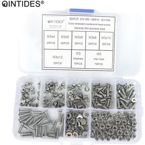 QINTIDES M1.6 M2 M2.5 M3 300 Pieces Mix Cross recessed countersunk head screws Assorted kit stainless steel phillips flat screws