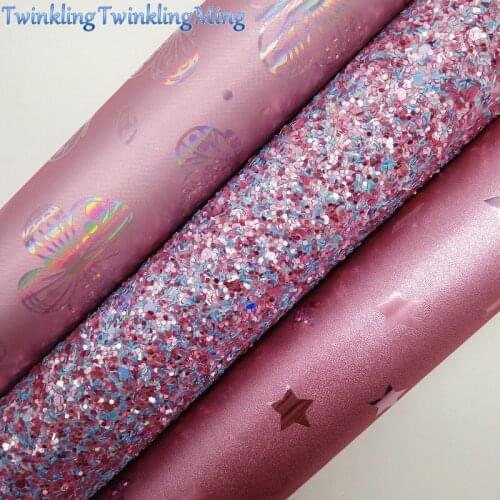 PINK Glitter Fabric, Iridescent Faux Fabric, Stars Synthetic Leather Fabric Sheets For Bow A4 21x29CM Twinkling Ming XM866
