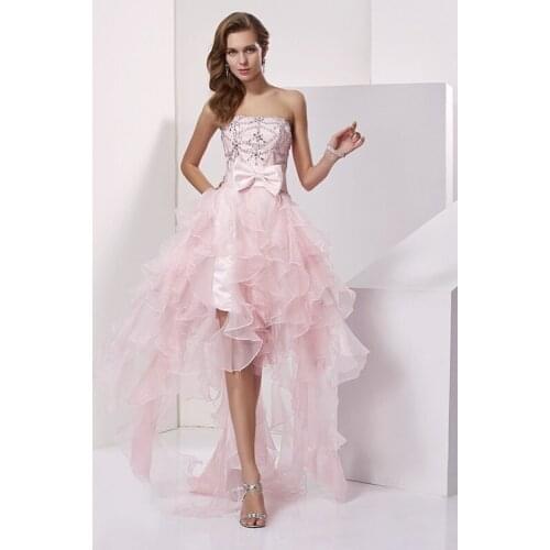 Pink Party Gowns A-Line Strapless High Low Organza Cocktail Evening Dress With Crystal Beading Bows