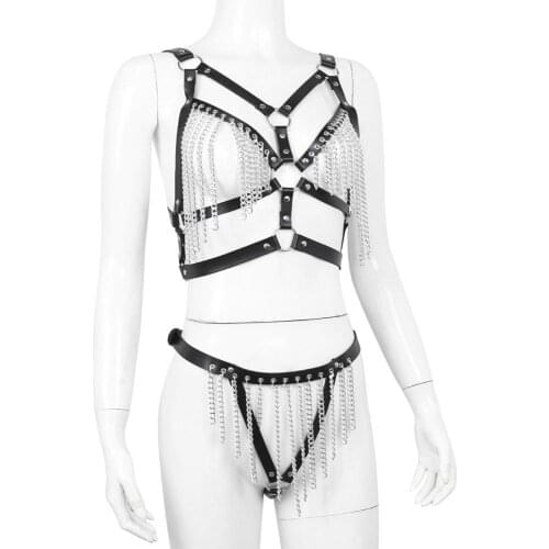 Sexy Lingerie Leather Harness Set Women Gothic Black Bra Harness Belt With Silver Chain Bondage Cage Straps Garter Body Chest