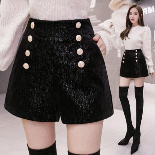 2021 New Autumn Winter Woman High Waist Wide Leg Woolen Shorts Female Black Outerwear Warm Shorts Lady A-line Short Trouser Q24
