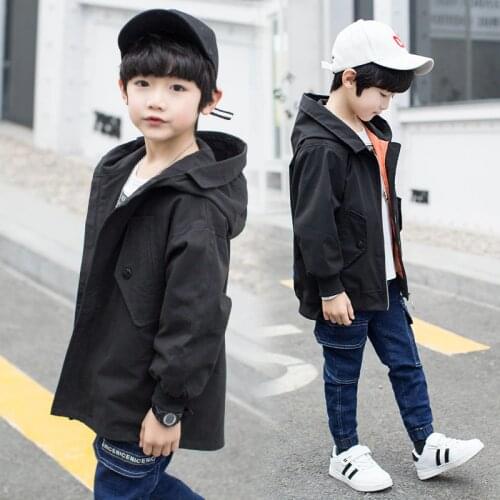 Boys Long Sleeve Hooded Letters Print Loose Fit Solid Color Trench Coats Fashion Cotton Back Cut Spring Autumn Trench Coats