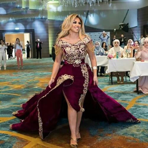 Eightae Burgundy Evening Dress with Detachable Train caftan Appliques African Velvet Arabic Morocco Kaftan Prom Party Gown