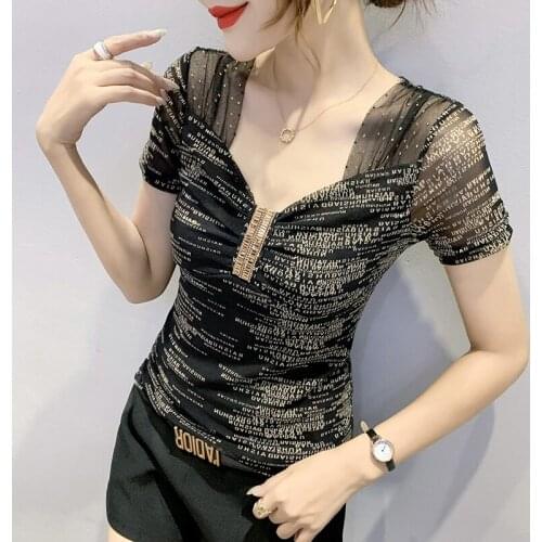 New 2021 Summer Short-Sleeve Mesh Tops Fashion Casual V-Neck Womens T-Shirt Elegant Slim Diamond Female TSHIRT