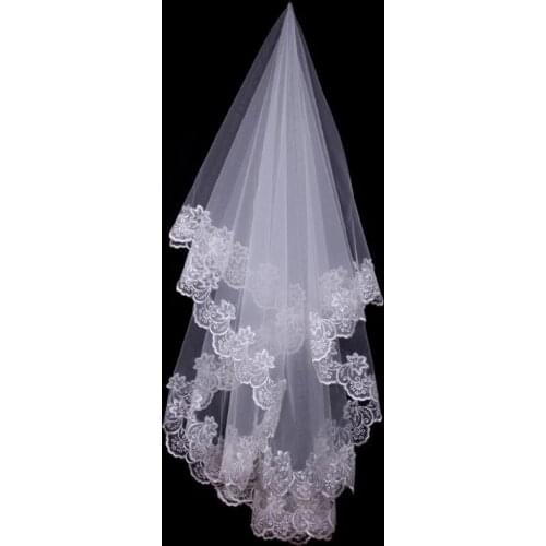 Women Bridal Short Wedding Veil White One Layer Lace Flower Edge Appliques