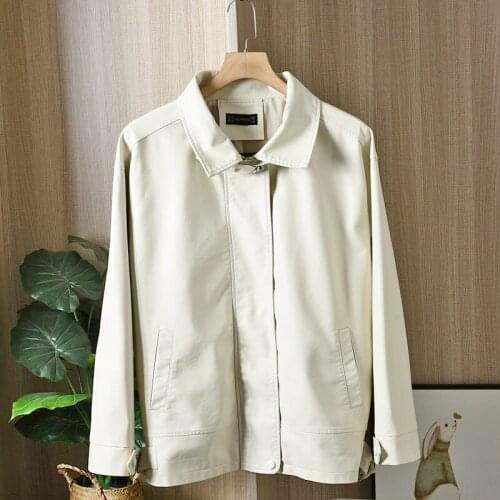 Mid-length Black Faux PU Leather Jacket Women Korean Casual Lapel long sleeves Beige Biker Jacket Female Spring 2021 Streetwear