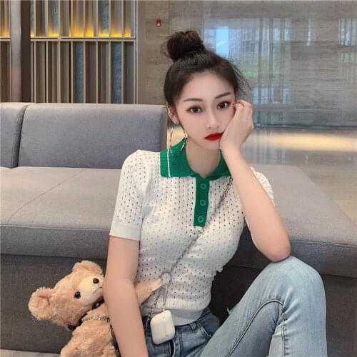 2021 Summer Women Polo-neck Short Sleeve Sexy Hollow Fashion T-Shirt Casual Ice Silk Pullover Knitted Thin Cropped Tops Y301