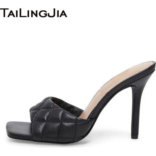 Square toe Summer Slipper Sandals 2020 for Women Stiletto High Heels Mule Shoes Party Dress PU Leather Large Size Heeled Slides