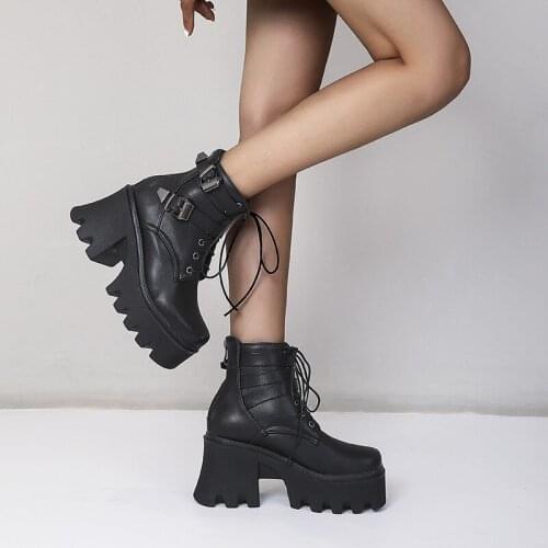 YMECHIC New Fashion Platform Combat Ankle Boots Womens 9cm High Heels Cross-tied Punk Gothic Sexy Model Shoes Black Prefect 2022
