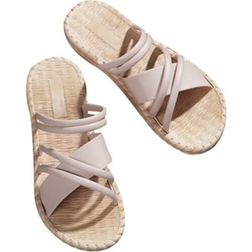 Women Flax Slippers New Summer Indoor Shoes Home Slipper Woman Open Toe cross-tied Slides Roman stlye Female Sandals Flip Flops