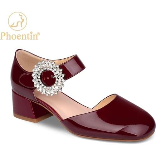 Phoentin Red middle heels mary jane square toe crystal buckle Shoes for women microfiber womens summer shoes 2020 sandals FT962
