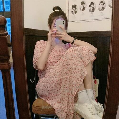 Dresses Summer New Style Korean Temperament V-neck Waist Slimming Skirt Mid-length Floral Short-sleeved Dress Women