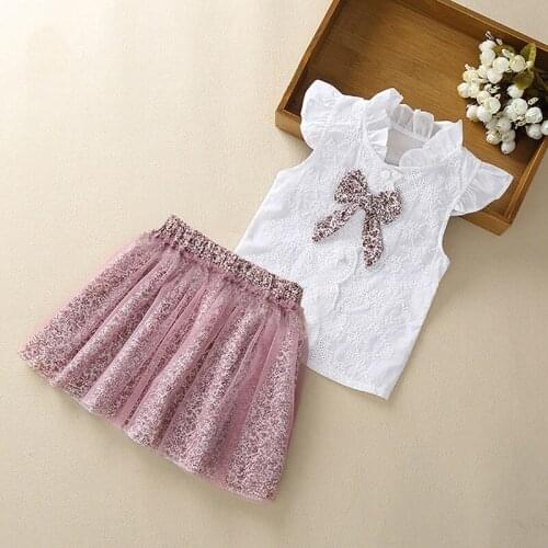 2021 Girls Clothing Sets New Summer Sleeveless T-shirt+Print Bow Skirt 2Pcs for Kids Clothing Sets Baby Clothes Outfits