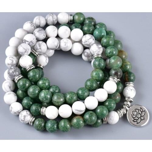 8mm Howlite African Jaspr With Lotus,Tree, Buddha Charm Bracelet 108 Japamala Wrap Bracelet Meditation Healing Buddhist Yoga