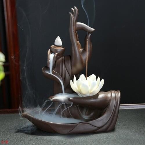 Elegant Reversal Bergamot Guanyin Buddha Incense Burner Buddha Hand Lotus Backflow Incense Burner Zen Garden Table Decor