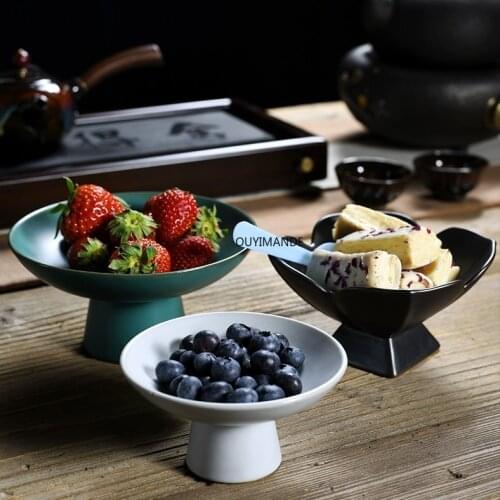 Chinese Retro Style Solid Color High Feet Ceramic Plate Porcelain Dessert Tray Fruit Snack Serving Platter Candy Dish