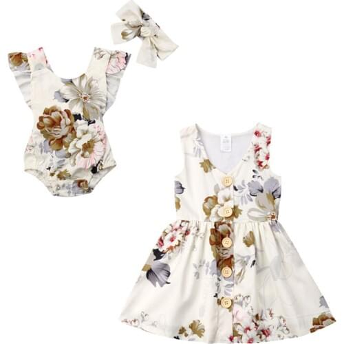 Summer Kids Baby Girl Floral Sleeveless Matching Clothes Sister Button Dress Sundress Little Girls Bodysuit Jumpsuit+Headband